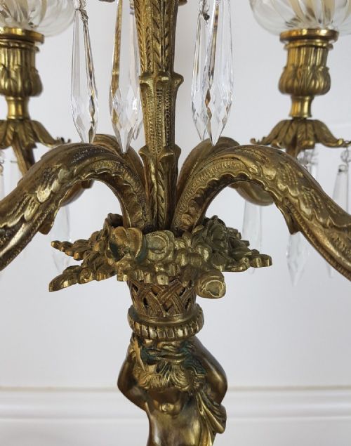 fig 4. c1900 French Cherub 4 Arm Gilded Brass Crystal Candelabra