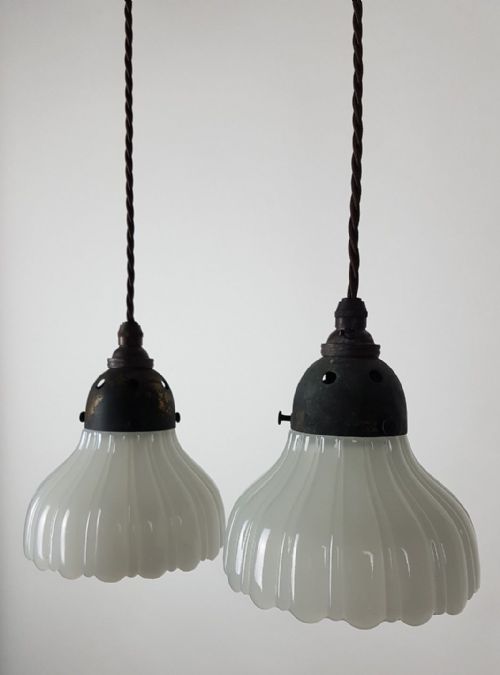 2 Small Milk Glass Holophane Ceiling Lights with Original Distressed Galleries