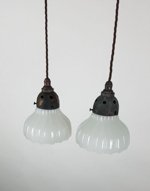 fig 1. 2 Small Milk Glass Holophane Ceiling Lights with Original Distressed Galleries