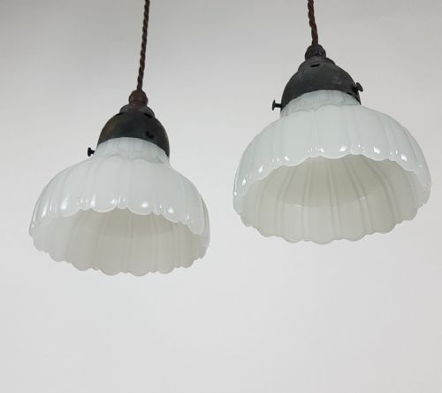 fig 2. 2 Small Milk Glass Holophane Ceiling Lights with Original Distressed Galleries