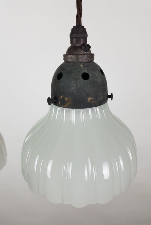 fig 3. 2 Small Milk Glass Holophane Ceiling Lights with Original Distressed Galleries