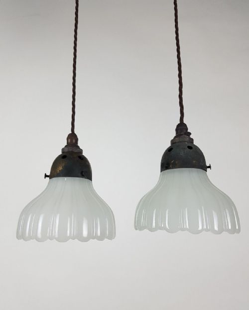 fig 4. 2 Small Milk Glass Holophane Ceiling Lights with Original Distressed Galleries