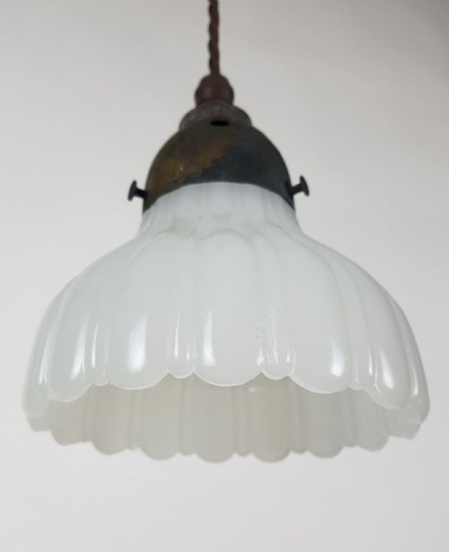 fig 5. 2 Small Milk Glass Holophane Ceiling Lights with Original Distressed Galleries