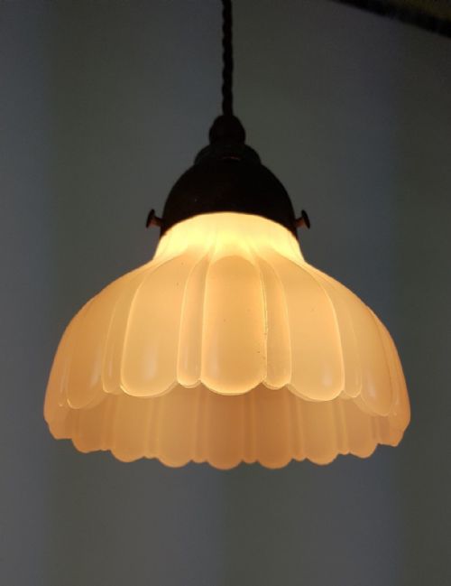 fig 6. 2 Small Milk Glass Holophane Ceiling Lights with Original Distressed Galleries