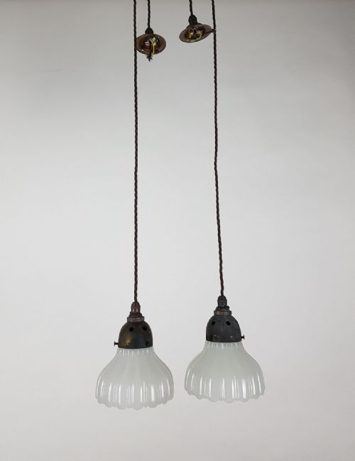 fig 7. 2 Small Milk Glass Holophane Ceiling Lights with Original Distressed Galleries