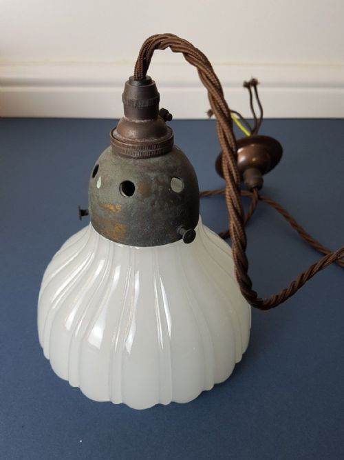 fig 9. 2 Small Milk Glass Holophane Ceiling Lights with Original Distressed Galleries