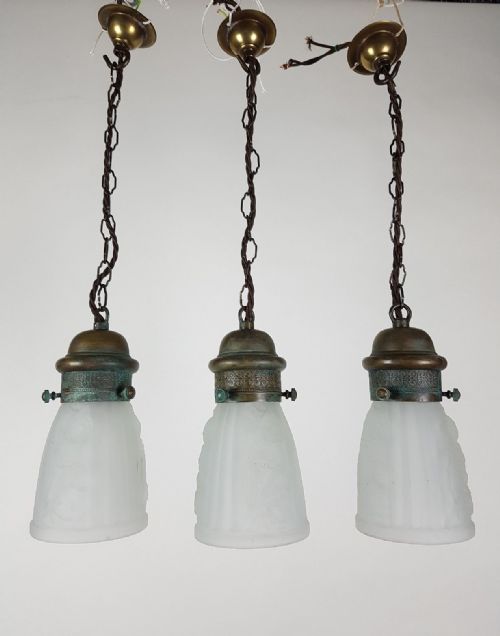 fig 1. Set of 3 Gothic French Ceiling Lights with Original Distressed Galleries