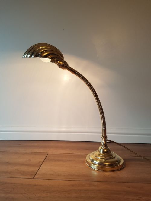 Polished Brass Adjustable Bendy Desk Table Lamp; C1920. Pat Tested
