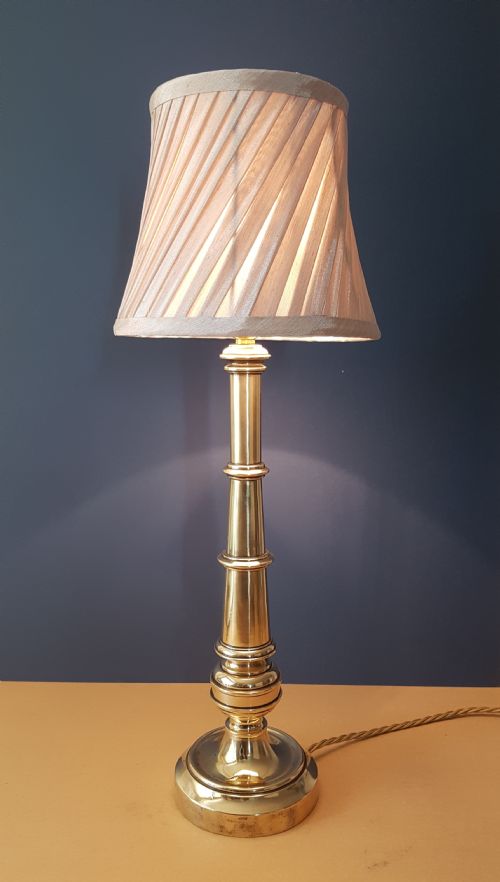 C1910 Tall Heavy Brass Table Lamp with Champagne Twist Pleat Shade