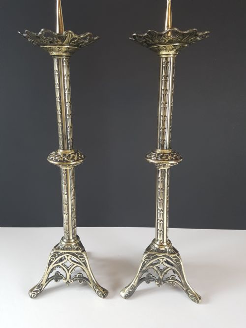 Pair of Gothic Victorian Church Altar Candle Sticks / Pricket Stands