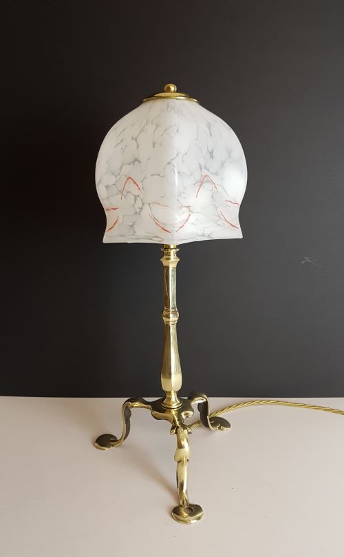 C1910 Brass Pullman Lamp with Red Piped Marble Ceramic Shade