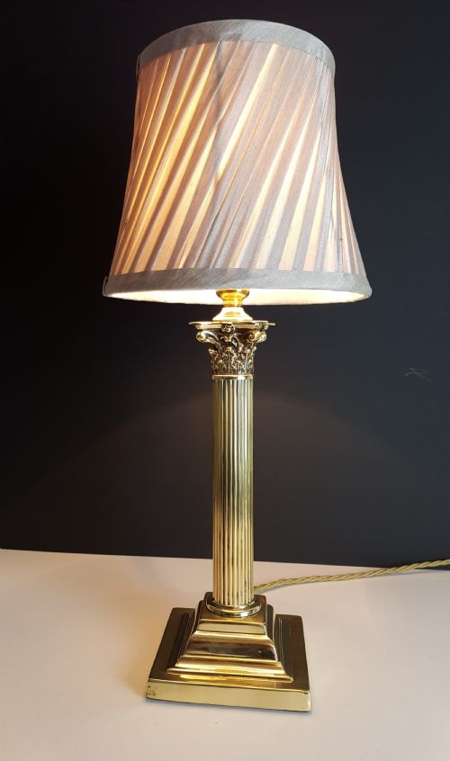 C1920 Brass Corinthian Column Table Lamp with Champagne Twist Pleat Shade; Rewired