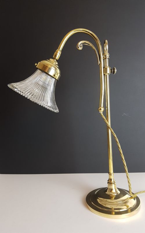 C1920 Brass Rise & Fall Table Lamp with Holophane Shade