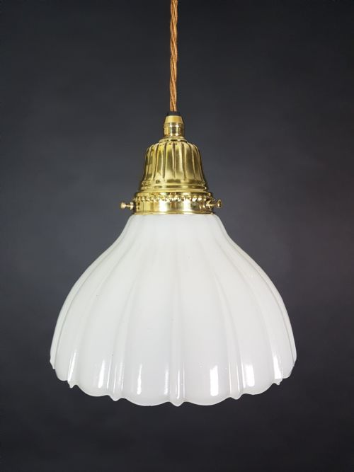 C1910 Milk Glass Ceiling Pendant Light with Original Brass Gallery and Ceiling Plate; Rewired