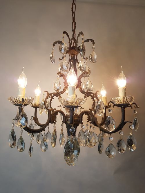 C1910 6 Arm Gilt Brass Crystal Chandelier; Rewired