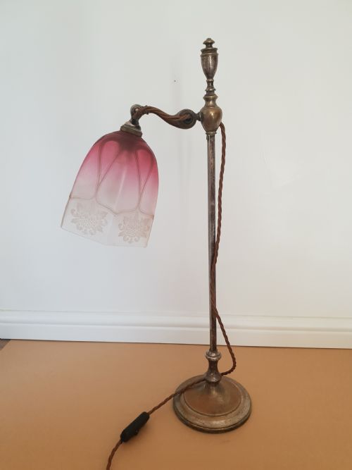 Distressed Adjustable Table Lamp with Frosted Cranberry Shade, Rewired and Pat Tested