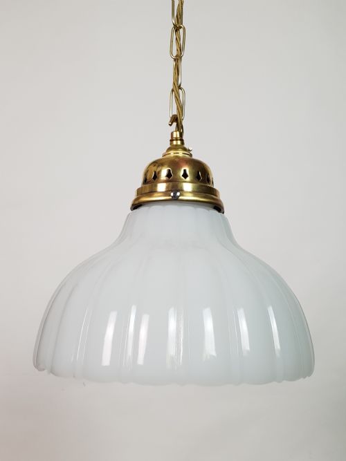 Edwardian Moonstone Ceiling Light with Original Brass Gallery