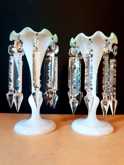 Pair Antique Victorian Uranium & Milk Glass Lustres with Large Crystal Cut Drops