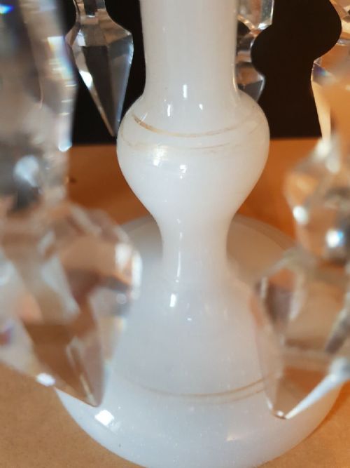 fig 1. PAIR ANTIQUE VICTORIAN URANIUM & MILK GLASS LUSTRES WITH LARGE CRYSTAL CUT DROPS 