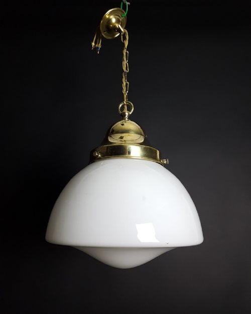 Chapel White Ceiling Light with Polished Brass Gallery; Rewired C.1930