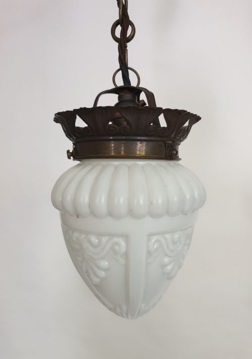 French Opaque White Ceiling Pendant Light with Aged Brass Gallery, Rewired