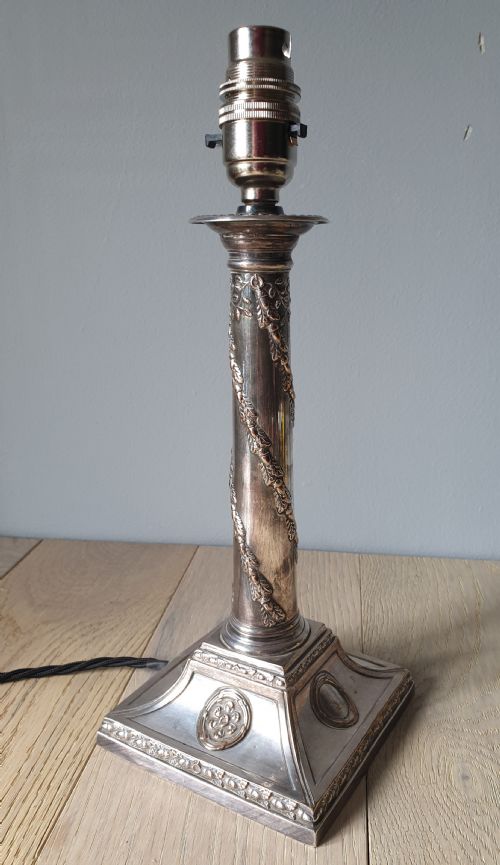 Victorian Decorated Distressed Silver Plated Brass Table Lamp, Rewired and Pat Tested