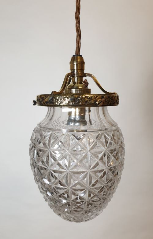 Cut Crystal Glass Ceiling Pendant Light  with Original Decorated Brass Gallery, Rewired