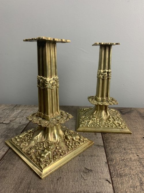 Beautiful French C1890 Cherub Pair of Brass Candlesticks, Lovely Patina
