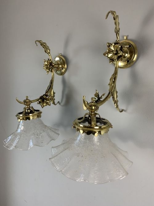 Stunning Victorian English Ornate Brass Gas Pair of Wall Lights, Original Glass Shades, Rewired