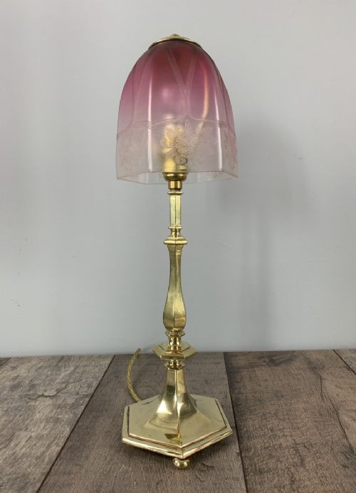 Edwardian Brass Table Lamp with Etched Shade