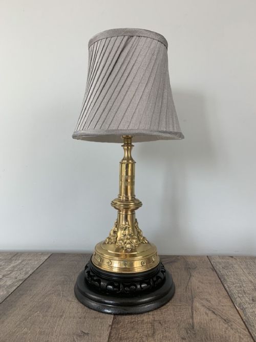 Victorian Brass Table Lamp on Black Wooden Base, Rewired and Pat Tested