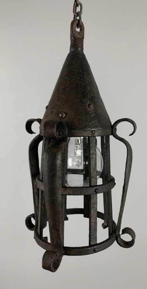 19th Century Blacksmiths Wrought Iron Ceiling Light, Lantern, Rewired