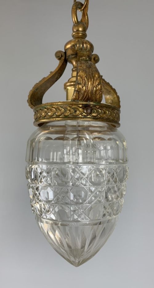Cut Glass Pendant Ceiling Light, Original Shade, Gilded Brass Gallery, Rewired