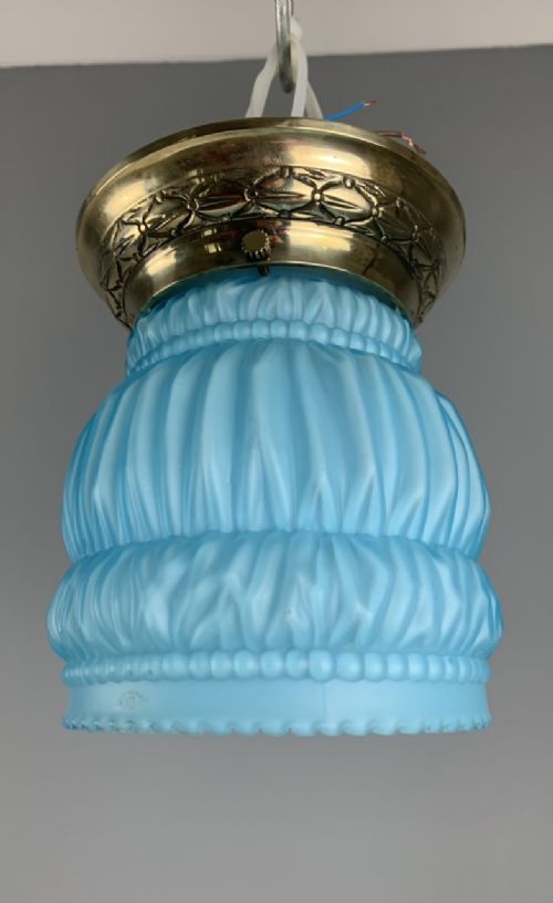Art Deco Ceiling Light with Original Blue Shade; Brass Gallery; Rewired