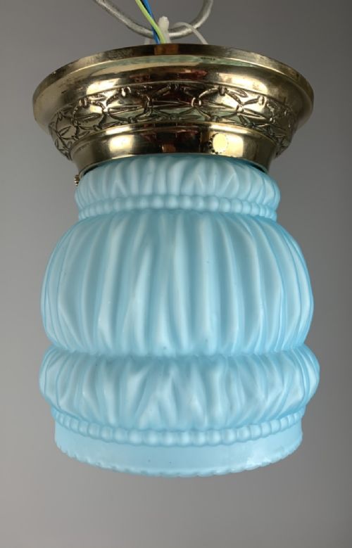 Art Deco Ceiling Light with Original Blue Shade; Brass Gallery; Rewired