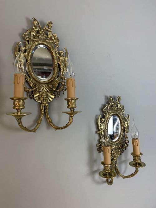 French 19th Century Brass Mirrored Cherub Wall Lights, Rewired