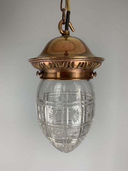 Coppered Brass Cut Glass Pendant Ceiling Light , Original Shade, Rewired
