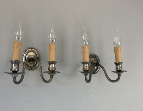 Pair of Small English Late 19th Century Distressed Silver Plated Wall Lights, Rewired