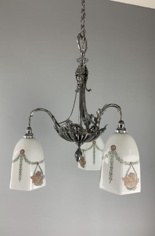 Art Deco 3 Branch Chrome Chandelier Ceiling Light with Original Shades, Rewired