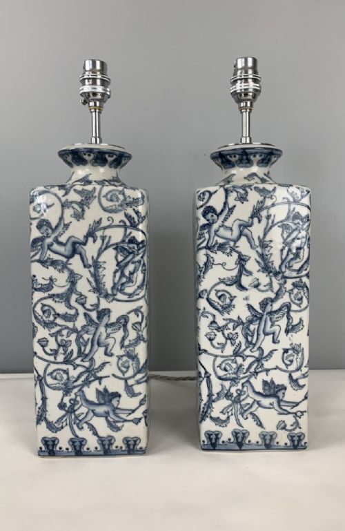 Pair of Early 20th Century Cherub Blue and White Porcelain Vase Table Lamps, Rewired and Pat Tested