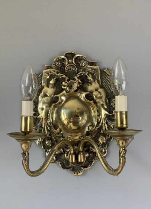 Single English Art Nouveau Brass Twin Arm Wall Light, Rewired