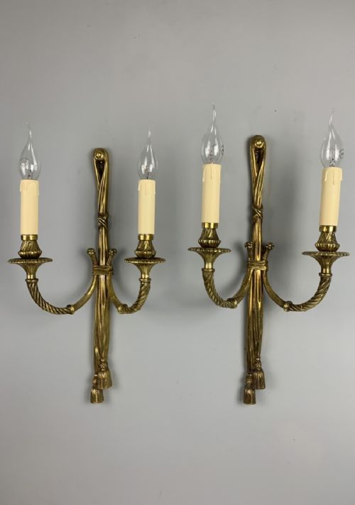 Large French Rope Brass Pair of Wall Lights, Rewired