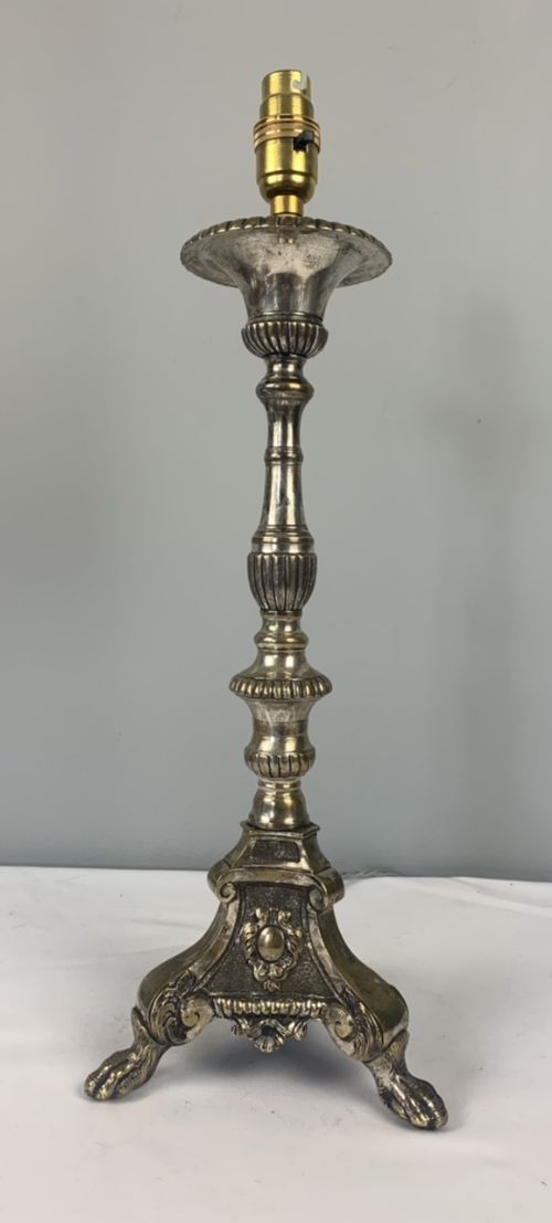 19th Century Distressed Silver Plated Brass Table Lamp, Rewired and Pat Tested