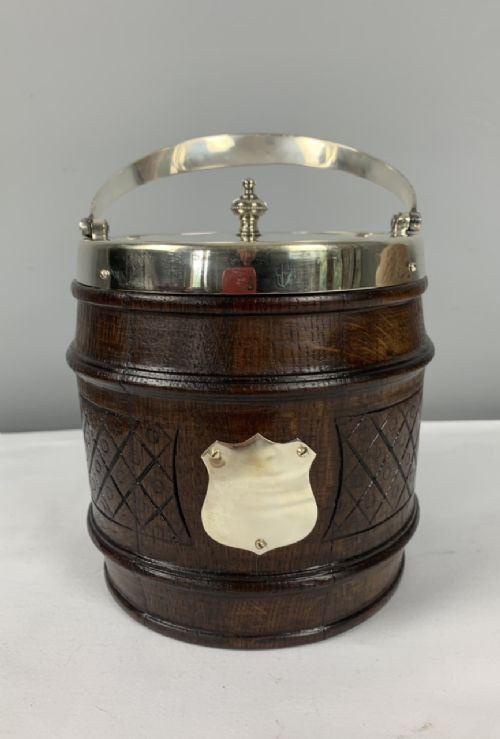 English Oak and Silver Plated Biscuit Barrel