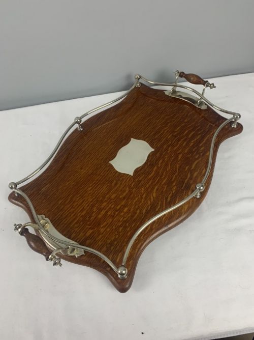 Large Rectangular Oak & Silver Gallery Drinks Tray
