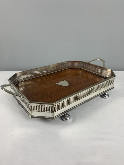 Impressive Large Oval Oak & Silver Gallery Drinks Tray by John Grinsell
