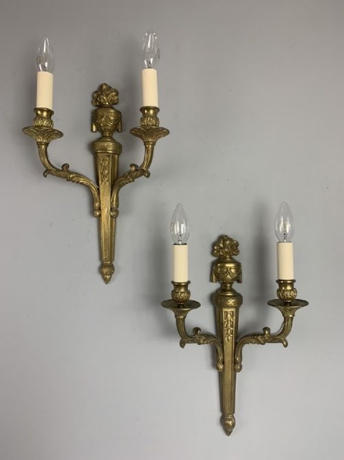 Pair of French Classical Gilt Brass Wall Lights, Rewired