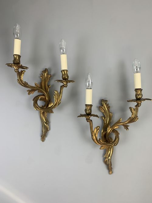 Pair of French Gilt Brass Wall Lights, Rewired