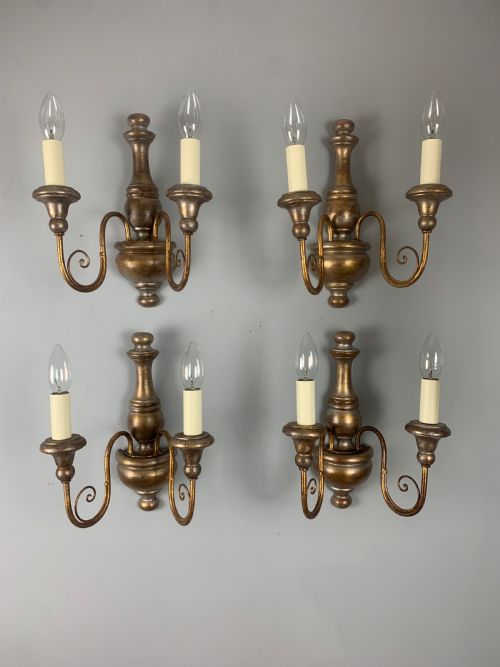 Set of 4 Italian Polychrome Giltwood Wall Lights, Rewired