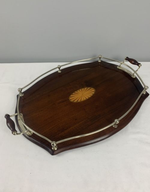 Large Edwardian Mahogany & Silver Gallery Drinks Tray